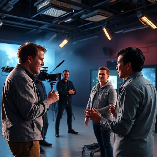 Actors interacting with a virtual environment on a virtual production set